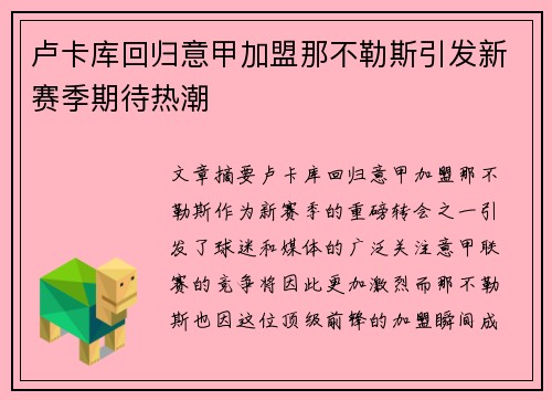 卢卡库回归意甲加盟那不勒斯引发新赛季期待热潮
